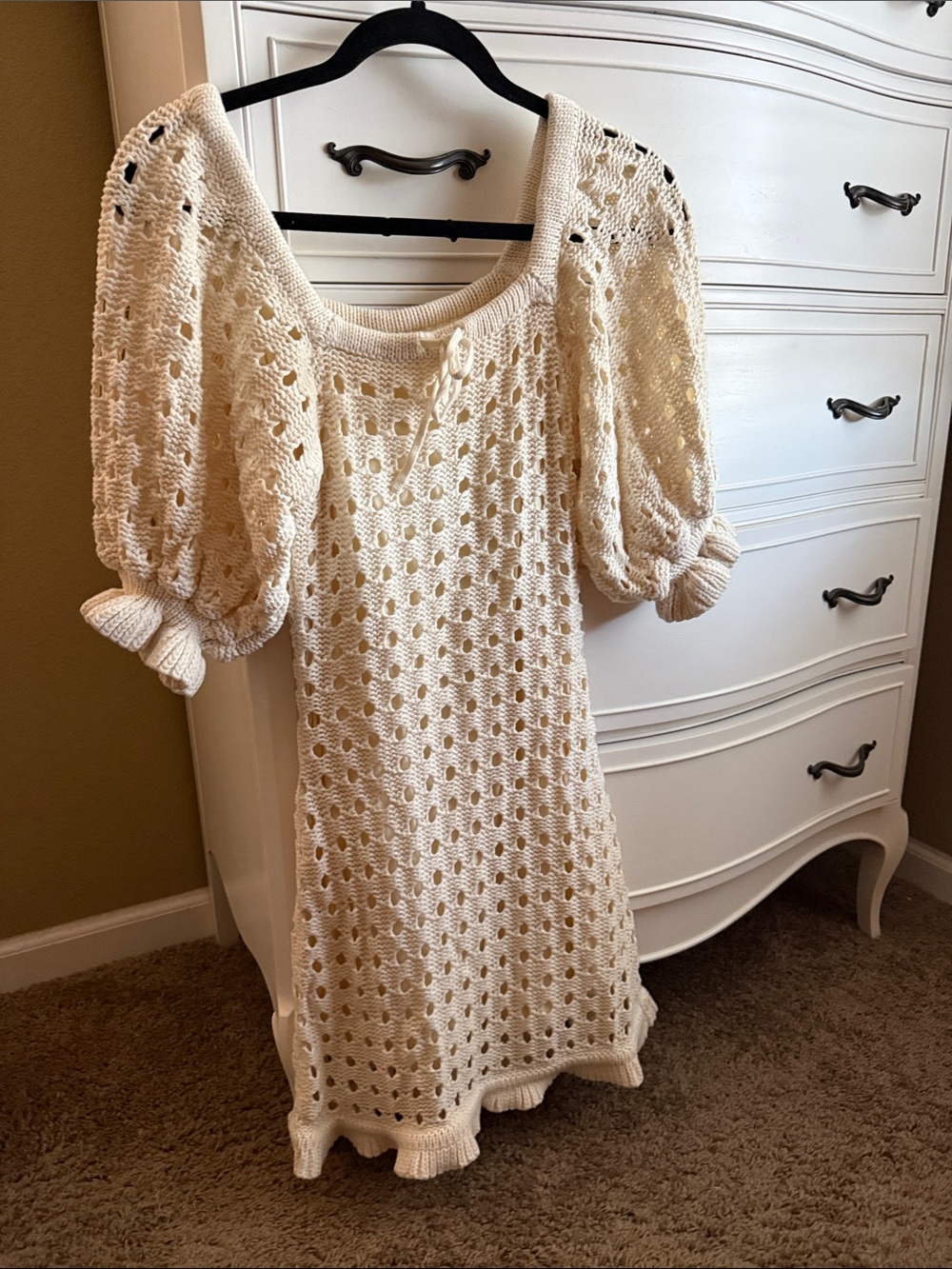 SABO Cream Crochet Knit Puff-Sleeve Dress